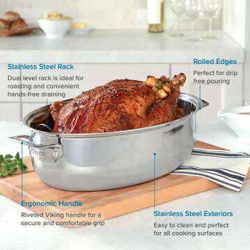 Viking Culinary 3-Ply Stainless Steel Oval Roasting Pan, 8.5 Quart, Includes Metal Induction Lid and Rack, Dishwasher, Oven Safe, Works on All Cooktops including Induction