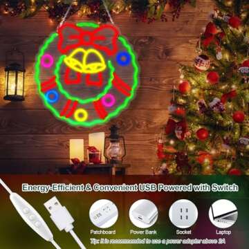 FITNATE Christmas Wreath Neon Sign for Wall Door Decor, 16'' Dimmable Christmas Neon Light, USB Powe...
