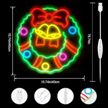 FITNATE Christmas Wreath Neon Sign for Wall Door Decor, 16'' Dimmable Christmas Neon Light, USB Powered LED Neon Sign for Living Room, Bedroom, Christmas Party Decor