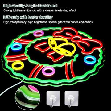 FITNATE Christmas Wreath Neon Sign for Wall Door Decor, 16'' Dimmable Christmas Neon Light, USB Powered LED Neon Sign for Living Room, Bedroom, Christmas Party Decor