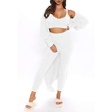 Fixmatti Women's Fuzzy 3 Piece Sweatsuit Open Front Cardigan Crop Tank Tops Long Pant Lounge Set White S