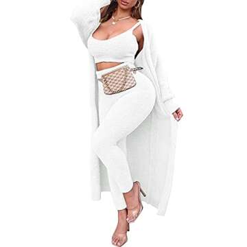 Fixmatti Women's Fuzzy 3 Piece Sweatsuit Open Front Cardigan Crop Tank Tops Long Pant Lounge Set White S