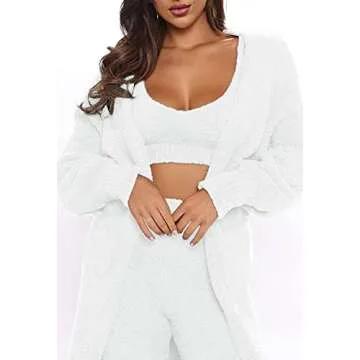 Fixmatti Women's Fuzzy 3 Piece Sweatsuit Open Front Cardigan Crop Tank Tops Long Pant Lounge Set White S