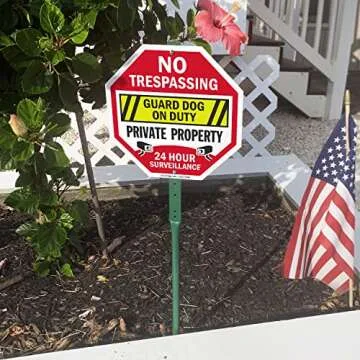 SmartSign 10 x 10 inch 'No Trespassing Guard Dog On Duty, 24 Hour Surveillance' Octagon Yard Sign with 3 ft Stake, 40 mil Aluminum 3M Laminated Engineer Grade Reflective, Set of 1, USA-Made
