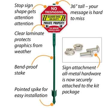 SmartSign 10 x 10 inch 'No Trespassing Guard Dog On Duty, 24 Hour Surveillance' Octagon Yard Sign with 3 ft Stake, 40 mil Aluminum 3M Laminated Engineer Grade Reflective, Set of 1, USA-Made