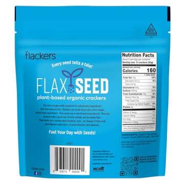 Flackers Organic Sea Salt Flaxseed Crackers, Gluten Free, Non GMO, Vegan, Keto Snack, 9g Fiber, 1g Net Carb, 5 Ounce 1-Pack