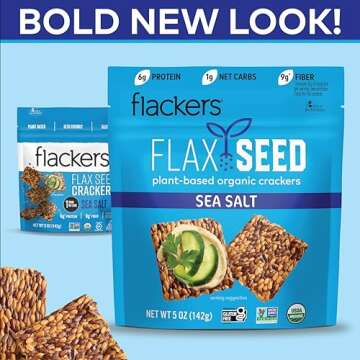 Flackers Organic Sea Salt Flaxseed Crackers, Gluten Free, Non GMO, Vegan, Keto Snack, 9g Fiber, 1g Net Carb, 5 Ounce 1-Pack