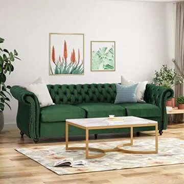 Great Deal Furniture GDFStudio Tufted Jewel Toned Velvet Sofa with Scroll Arms, Emerald