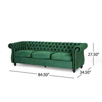 Great Deal Furniture GDFStudio Tufted Jewel Toned Velvet Sofa with Scroll Arms, Emerald
