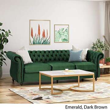 Great Deal Furniture GDFStudio Tufted Jewel Toned Velvet Sofa with Scroll Arms, Emerald