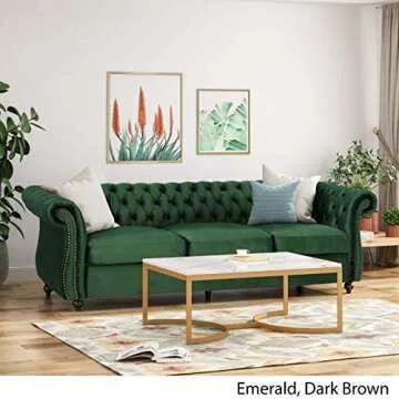 Great Deal Furniture GDFStudio Tufted Jewel Toned Velvet Sofa with Scroll Arms, Emerald