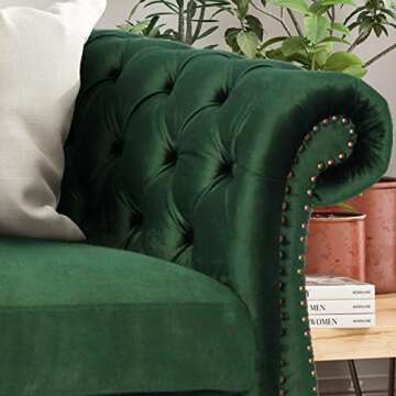 Great Deal Furniture GDFStudio Tufted Jewel Toned Velvet Sofa with Scroll Arms, Emerald