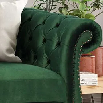 Great Deal Furniture GDFStudio Tufted Jewel Toned Velvet Sofa with Scroll Arms, Emerald