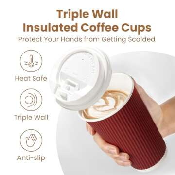 Fit Meal Prep 50 Pack 16 oz Disposable Coffee Cups with Lids & Stirrers, Corrugated Triple Wall To G...