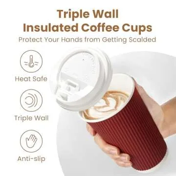 Fit Meal Prep 50 Pack 16 oz Disposable Coffee Cups with Lids & Stirrers, Corrugated Triple Wall To G...