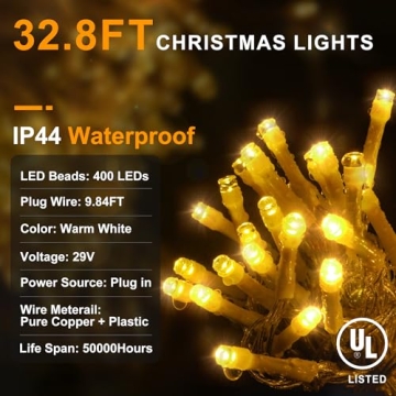 KNONEW Christmas Lights Outdoor Decorations 400 LED 33ft 8 Modes Curtain Fairy String Light with 75 Drops, Clear Wire LED String Light Indoor Decor for Wedding Party Christmas Decorations Warm White
