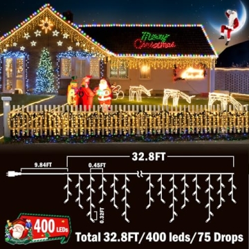 KNONEW Christmas Lights Outdoor Decorations 400 LED 33ft 8 Modes Curtain Fairy String Light with 75 Drops, Clear Wire LED String Light Indoor Decor for Wedding Party Christmas Decorations Warm White