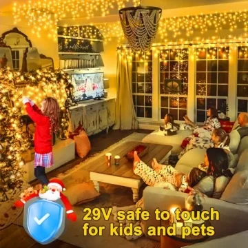 KNONEW Christmas Lights Outdoor Decorations 400 LED 33ft 8 Modes Curtain Fairy String Light with 75 Drops, Clear Wire LED String Light Indoor Decor for Wedding Party Christmas Decorations Warm White