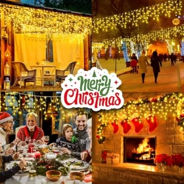 KNONEW Christmas Lights Outdoor Decorations 400 LED 33ft 8 Modes Curtain Fairy String Light with 75 Drops, Clear Wire LED String Light Indoor Decor for Wedding Party Christmas Decorations Warm White