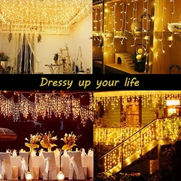 KNONEW Christmas Lights Outdoor Decorations 400 LED 33ft 8 Modes Curtain Fairy String Light with 75 Drops, Clear Wire LED String Light Indoor Decor for Wedding Party Christmas Decorations Warm White