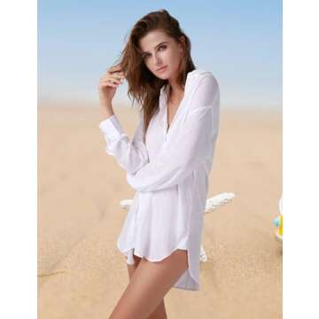 TOUSYEA Sleep Shirts for Women Button Down Shirts Long Sleeve Sleepwear Swimsuit Cover Ups Soft Pajama Tops White L