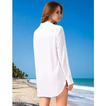 TOUSYEA Sleep Shirts for Women Button Down Shirts Long Sleeve Sleepwear Swimsuit Cover Ups Soft Pajama Tops White L
