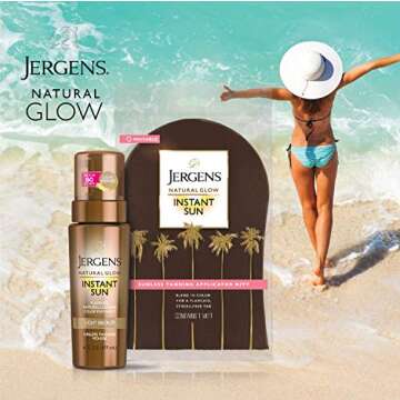 Jergens Natural Glow Instant Sun Body Mousse, Deep Bronze Tan, 6 Ounce Sunless Self-Tanner with Natural Glow Body Applicator Mitt, Flawless, Streak-free Tanning Blender Glove