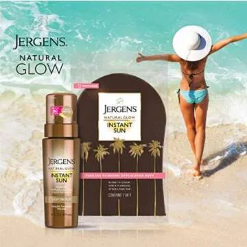 Jergens Natural Glow Instant Sun Body Mousse, Deep Bronze Tan, 6 Ounce Sunless Self-Tanner with Natural Glow Body Applicator Mitt, Flawless, Streak-free Tanning Blender Glove
