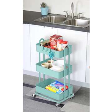 Simple Houseware Heavy Duty 3-Tier Metal Utility Rolling Cart, Turquoise
