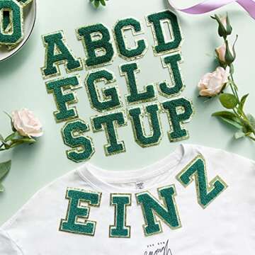 Jongdari Iron on Letters for Clothing, 8 Pcs Chenille Letter Patches Varsity Letter Patches Iron on, Glitter Letter A with Ironed Adhesive, Alphabet Sewing Appliques (Green A)
