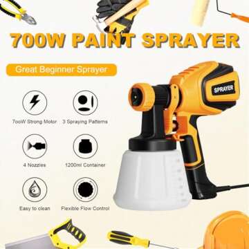 VONFORN Paint Sprayer, 700W HVLP Spray Gun with Cleaning & Blowing Joints, 4 Nozzles and 3 Patterns,...