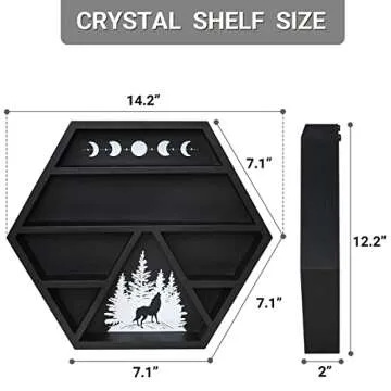 Unistyle Crystal Shelf Display Crescent Moon Shelf, Hexagon Crystal Holder for Stones, Essential Oils & Whichy Shelves Wood Crystal Wall Decor, Black Rustic Wooden Display for Boho Meditation Decor