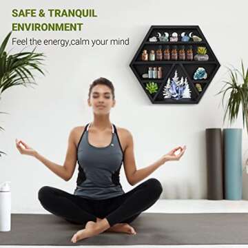 Unistyle Crystal Shelf Display Crescent Moon Shelf, Hexagon Crystal Holder for Stones, Essential Oils & Whichy Shelves Wood Crystal Wall Decor, Black Rustic Wooden Display for Boho Meditation Decor