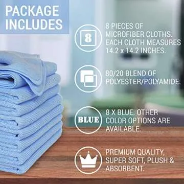 VibraWipe Microfiber Cleaning Cloth, Thick and Large Size 14.2 x 14.2 inches, 8-Pack, Blue, Microfiber Cloth, Cars, Glass, Window, Dish Cloths, Machine Washable, Reusable, Lint-Free