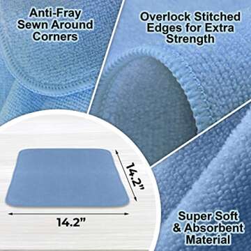 VibraWipe Microfiber Cleaning Cloth, Thick and Large Size 14.2 x 14.2 inches, 8-Pack, Blue, Microfiber Cloth, Cars, Glass, Window, Dish Cloths, Machine Washable, Reusable, Lint-Free