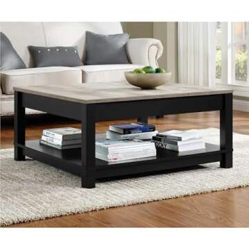Ameriwood Home Carver Coffee Table with Open Storage, Matte Black Paint and Distressed Wood Grain Ac...