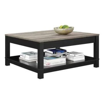 Ameriwood Home Carver Coffee Table with Open Storage, Matte Black Paint and Distressed Wood Grain Accents
