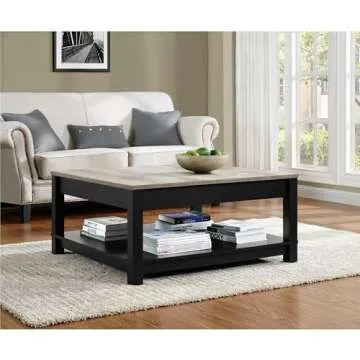 Ameriwood Home Carver Coffee Table with Open Storage, Matte Black Paint and Distressed Wood Grain Accents