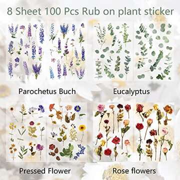 Morld 4 Pack Vintage Rub On Flowers Stickers - 100 Pcs Plant Deco Sticker for Journaling, Bullet Dai...