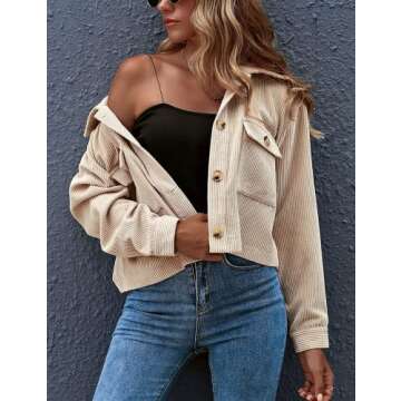 Flygo Women’s Collared Cropped Corduroy Shirt Jacket