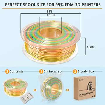 3D Printer Filament Rainbow Silk PLA, SUNLU Multicolor PLA Filament 1.75mm Dimensional Accuracy +/- 0.02 mm, Neatly Wound Rainbow Color Change 3D Printing Filament for Most FDM 3D Printers, Rainbow 01