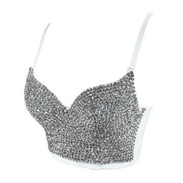 VEENDEO Women's Bustier Crop Top Mesh Corset Top Push up Rhinestone Diamond Bra Club Party Vest (#2 White, XS)
