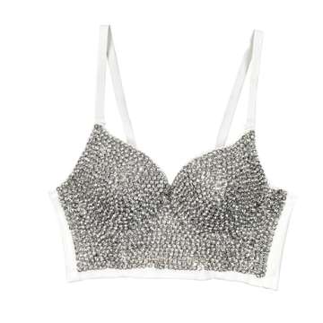 VEENDEO Women's Bustier Crop Top Mesh Corset Top Push up Rhinestone Diamond Bra Club Party Vest (#2 White, XS)