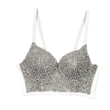 VEENDEO Women's Bustier Crop Top Mesh Corset Top Push up Rhinestone Diamond Bra Club Party Vest (#2 White, XS)