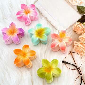 Hawaiian Large Flower Hair Claw Clips ,6 Pack Thin Thick Curly Hair Accessories for Women, 90's Strong Hold jaw clip
