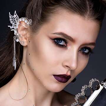 FRESHME Butterfly Elf Ear Cuffs - Silver Fairy Butterfly Wings Earrings with Pearl Pendant Metal No Pierced Ear Clips Cuffs for Women Christmas Renaissance Halloween Cosplay Costume Accessories