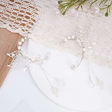 FRESHME Butterfly Elf Ear Cuffs - Silver Fairy Butterfly Wings Earrings with Pearl Pendant Metal No Pierced Ear Clips Cuffs for Women Christmas Renaissance Halloween Cosplay Costume Accessories