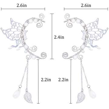 FRESHME Butterfly Elf Ear Cuffs - Silver Fairy Butterfly Wings Earrings with Pearl Pendant Metal No Pierced Ear Clips Cuffs for Women Christmas Renaissance Halloween Cosplay Costume Accessories