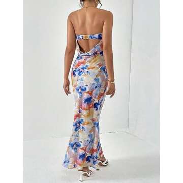 OYOANGLE Women's Floral Print Sleeveless Strapless Draped Backless Bodycon Summer Maxi Tube Dress Mu...
