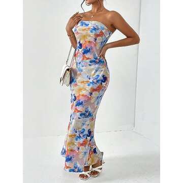 OYOANGLE Women's Floral Print Sleeveless Strapless Draped Backless Bodycon Summer Maxi Tube Dress Multicolor Small